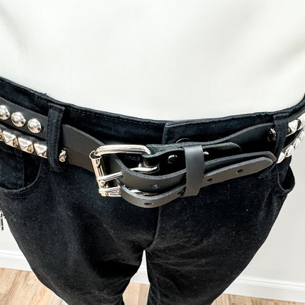 BT173PR DOUBLE  STRAP STUDDED BELT ROUND STUD AND PYRAMID STUD