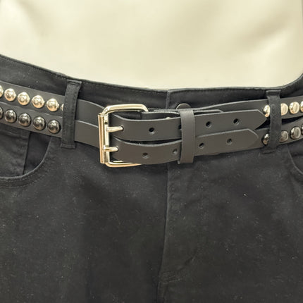 BT173RR-BS  DOUBLE  STRAP STUDDED BELTROUND STUD BLACK AND SILVER