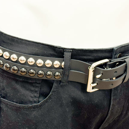 BT173RR-BS  DOUBLE  STRAP STUDDED BELTROUND STUD BLACK AND SILVER