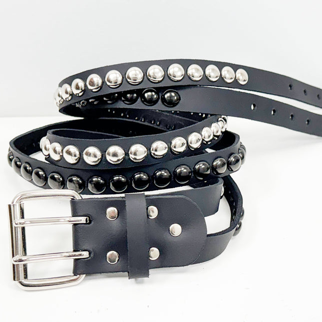 BT173RR-BS  DOUBLE  STRAP STUDDED BELTROUND STUD BLACK AND SILVER