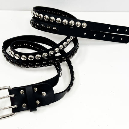BT173RR-BS  DOUBLE  STRAP STUDDED BELTROUND STUD BLACK AND SILVER