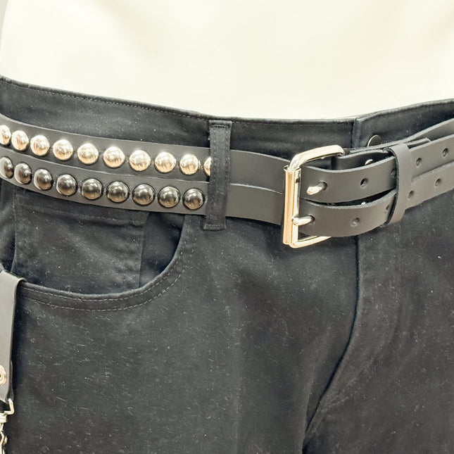 BT173RR-BS  DOUBLE  STRAP STUDDED BELTROUND STUD BLACK AND SILVER