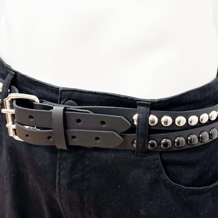 BT173RR-BS  DOUBLE  STRAP STUDDED BELTROUND STUD BLACK AND SILVER