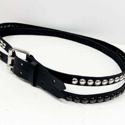 BT173RR-BS  DOUBLE  STRAP STUDDED BELTROUND STUD BLACK AND SILVER