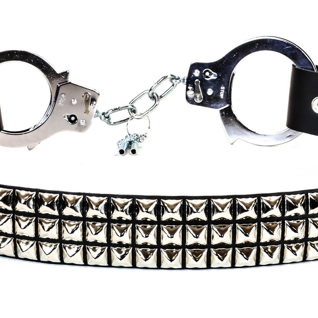 BT180PMD BLACK HANDCUFF BELT, 3 ROW PYRAMID STUDS