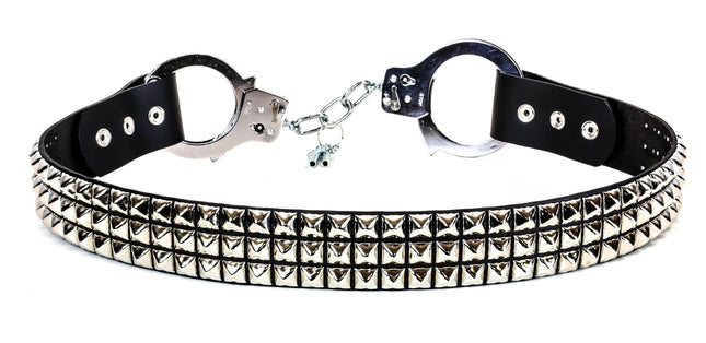 BT180PMD BLACK HANDCUFF BELT, 3 ROW PYRAMID STUDS