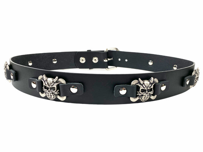 BT198DEVIL BLACK LEATHER BELT WITH METAL SKULL