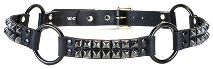 BT200-BS 2 ROW BLACK PYRAMID STUD BLACK LEATHER RING BELT