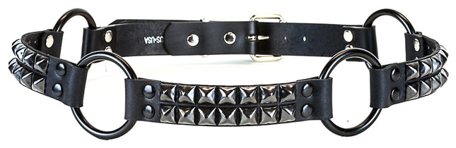BT200-BS 2 ROW BLACK PYRAMID STUD BLACK LEATHER RING BELT
