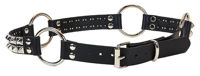 BT200-SIL 2 ROW SILVER PYRAMID STUD BLACK LEATHER RING BELT