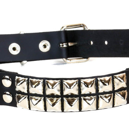 BT200-SIL 2 ROW SILVER PYRAMID STUD BLACK LEATHER RING BELT