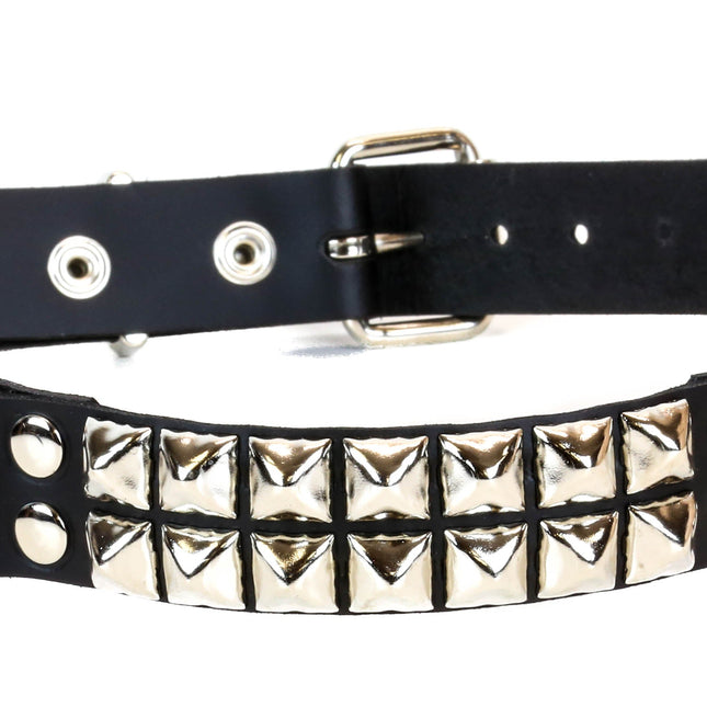 BT200-SIL 2 ROW SILVER PYRAMID STUD BLACK LEATHER RING BELT