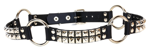 BT200-SIL 2 ROW SILVER PYRAMID STUD BLACK LEATHER RING BELT