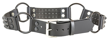 BT201-BS 3 ROW BLACK PYRAMID STUD BLACK LEATHER RING BELT