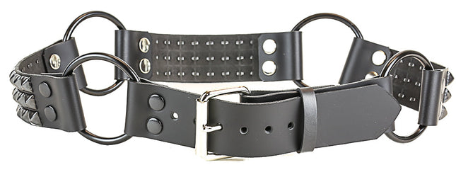 BT201-BS 3 ROW BLACK PYRAMID STUD BLACK LEATHER RING BELT