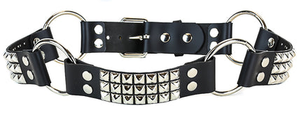 BT201 3 ROW PYRAMID STUD BLACK LEATHER RING LINK BELT