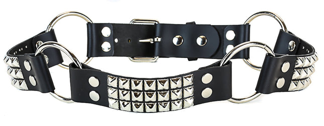 BT201 3 ROW PYRAMID STUD BLACK LEATHER RING LINK BELT