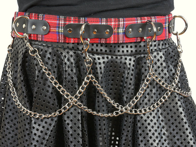 BT218PD-RED PLAID RING BONDAGE CHAIN  BELT
