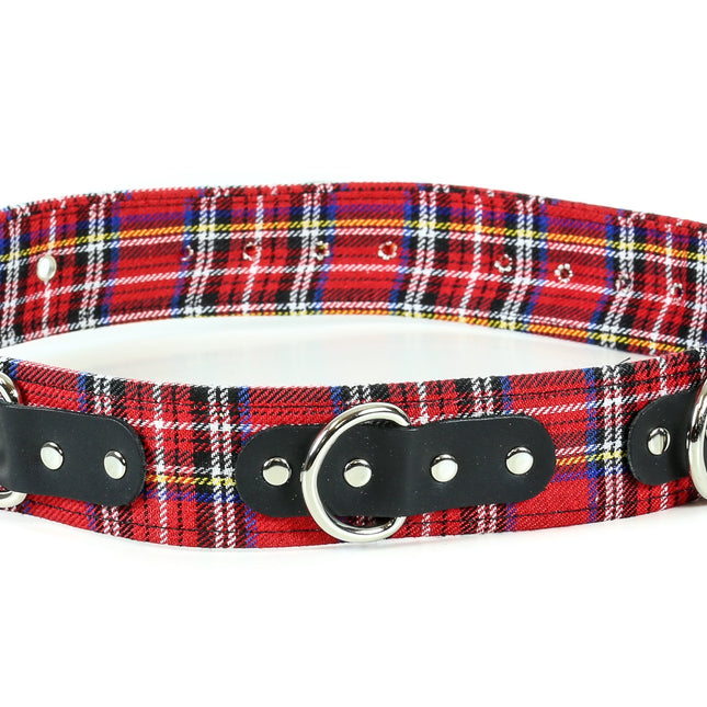 BT219PD-RED PLAID DEE RING BONDAGE CHAIN  BELT