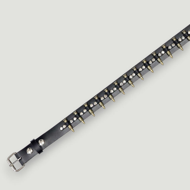 BT221-BRS  SMALL BRASS BULLET BLACK GENUINE COWHIDE LEATHER BELT 1 1/4" WIDE