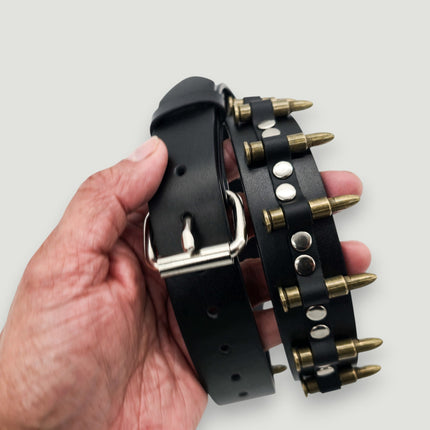 BT221-BRS  SMALL BRASS BULLET BLACK GENUINE COWHIDE LEATHER BELT 1 1/4" WIDE