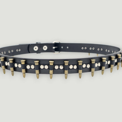 BT221-BRS  SMALL BRASS BULLET BLACK GENUINE COWHIDE LEATHER BELT 1 1/4" WIDE