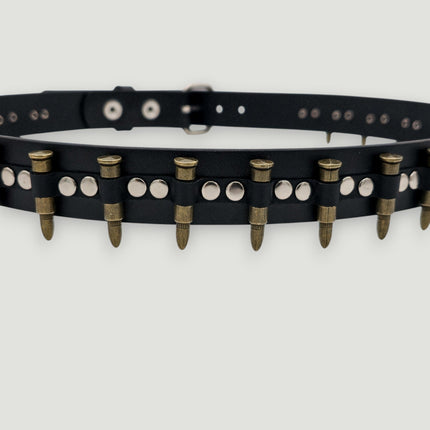 BT221-BRS  SMALL BRASS BULLET BLACK GENUINE COWHIDE LEATHER BELT 1 1/4" WIDE