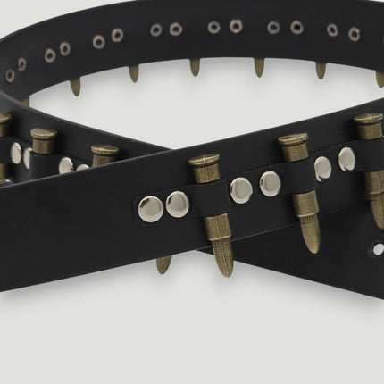BT221-BRS  SMALL BRASS BULLET BLACK GENUINE COWHIDE LEATHER BELT 1 1/4" WIDE