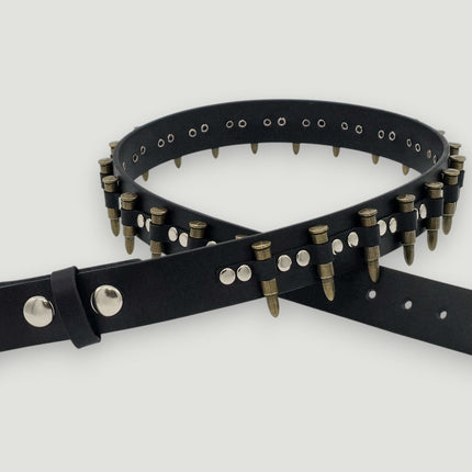 BT221-BRS  SMALL BRASS BULLET BLACK GENUINE COWHIDE LEATHER BELT 1 1/4" WIDE