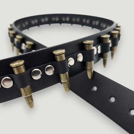 BT221-BRS  SMALL BRASS BULLET BLACK GENUINE COWHIDE LEATHER BELT 1 1/4" WIDE