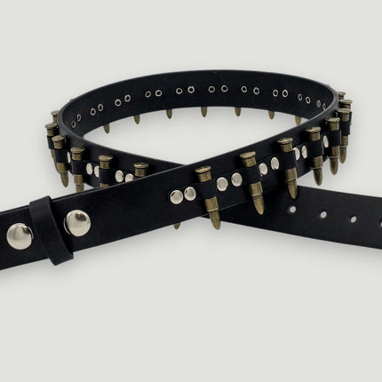 BT221-BRS  SMALL BRASS BULLET BLACK GENUINE COWHIDE LEATHER BELT 1 1/4" WIDE