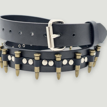 BT221-BRS  SMALL BRASS BULLET BLACK GENUINE COWHIDE LEATHER BELT 1 1/4" WIDE