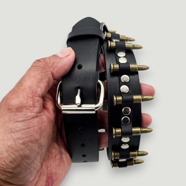 BT221-BRS  SMALL BRASS BULLET BLACK GENUINE COWHIDE LEATHER BELT 1 1/4" WIDE