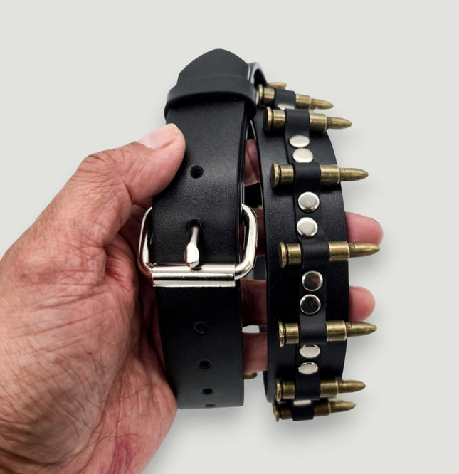 BT221-BRS  SMALL BRASS BULLET BLACK GENUINE COWHIDE LEATHER BELT 1 1/4" WIDE