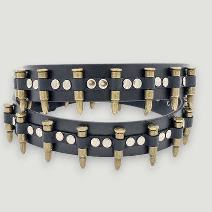 BT221-BRS  SMALL BRASS BULLET BLACK GENUINE COWHIDE LEATHER BELT 1 1/4" WIDE