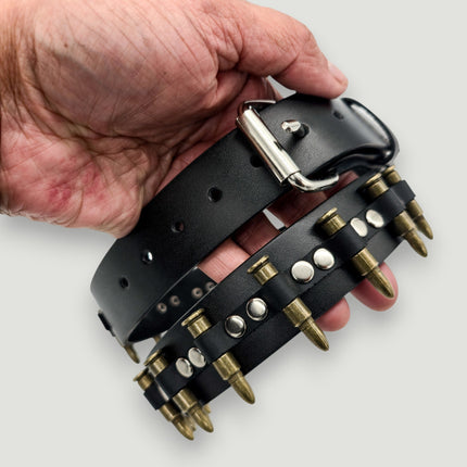 BT221-BRS  SMALL BRASS BULLET BLACK GENUINE COWHIDE LEATHER BELT 1 1/4" WIDE