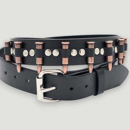 BT221-COP  SMALL COPPER BULLET BLACK GENUINE COWHIDE LEATHER BELT 1 1/4" WIDE