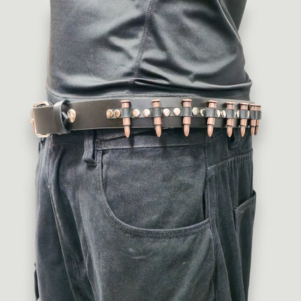 BT221-COP  SMALL COPPER BULLET BLACK GENUINE COWHIDE LEATHER BELT 1 1/4" WIDE