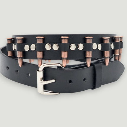BT221-COP  SMALL COPPER BULLET BLACK GENUINE COWHIDE LEATHER BELT 1 1/4" WIDE