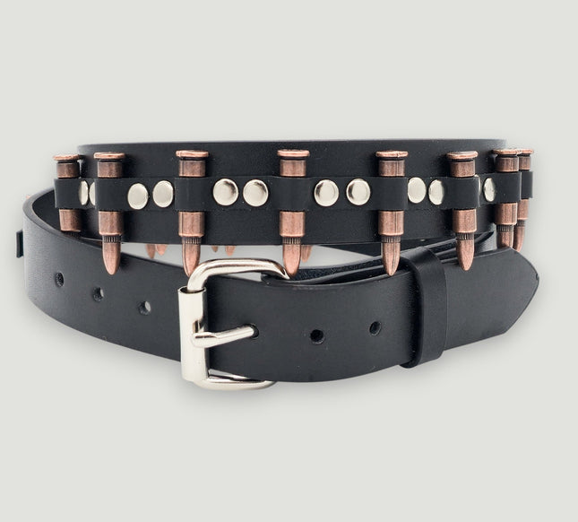 BT221-COP  SMALL COPPER BULLET BLACK GENUINE COWHIDE LEATHER BELT 1 1/4" WIDE