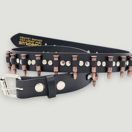 BT221-COP  SMALL COPPER BULLET BLACK GENUINE COWHIDE LEATHER BELT 1 1/4" WIDE