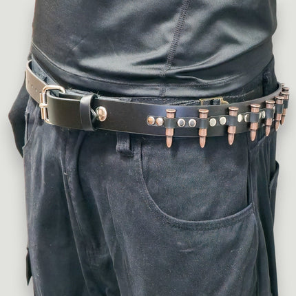 BT221-COP  SMALL COPPER BULLET BLACK GENUINE COWHIDE LEATHER BELT 1 1/4" WIDE