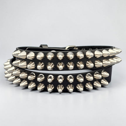 BT154  2 ROW UK77 TALL CONE STUDDED GENUINE LEATHER BELT