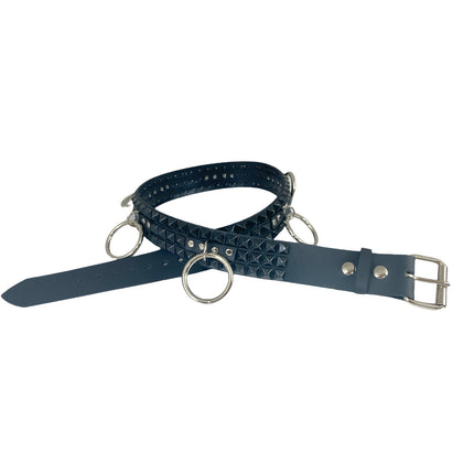 BT422-BS 3 ROW BLACK PYRAMID STUD BELT WITH RING