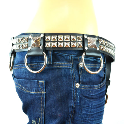 BT426 2 ROW PYRAMID STUD BELT WITH BIG DEE RING