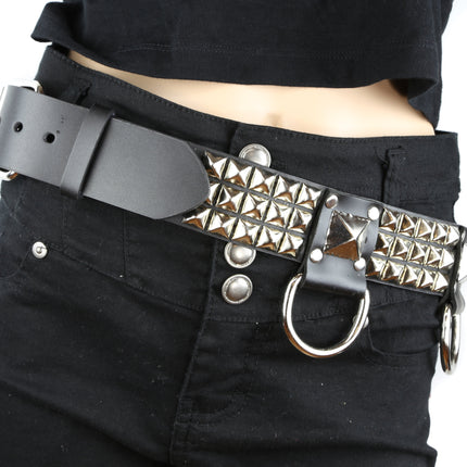 BT427 3 ROW PYRAMID STUD BELT WITH BIG DEE RING