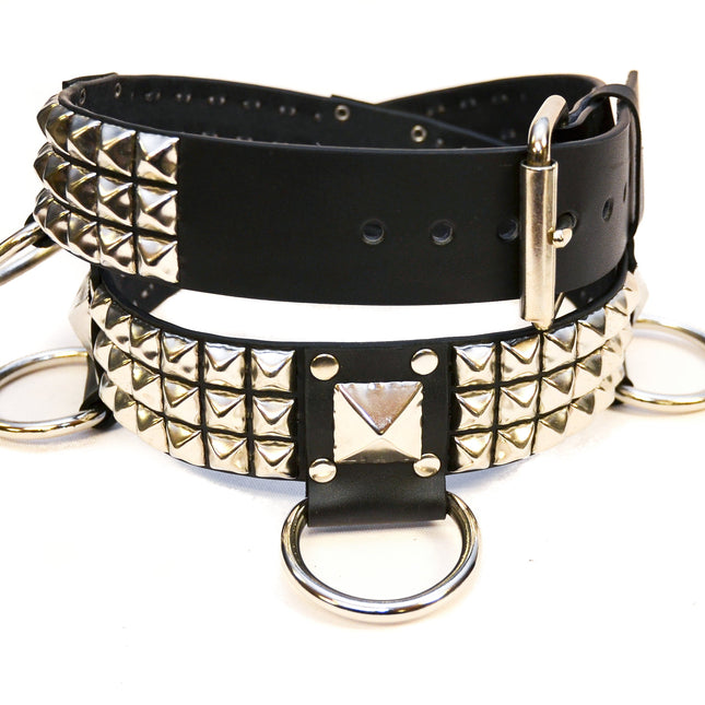 BT427 3 ROW PYRAMID STUD BELT WITH BIG DEE RING