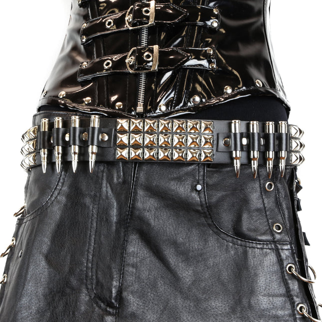 BT429NIC-NIC 3 ROW PYRAMID STUD BELT WITH NICKEL BULLET