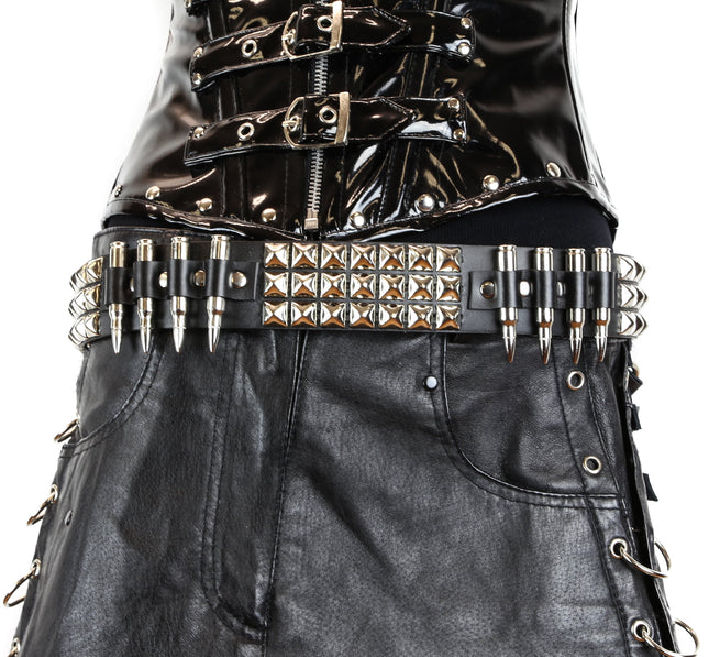 BT429NIC-NIC 3 ROW PYRAMID STUD BELT WITH NICKEL BULLET