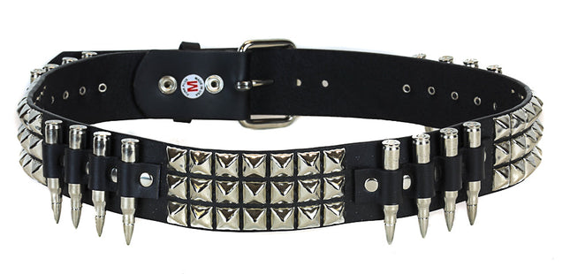 BT429NIC-NIC 3 ROW PYRAMID STUD BELT WITH NICKEL BULLET